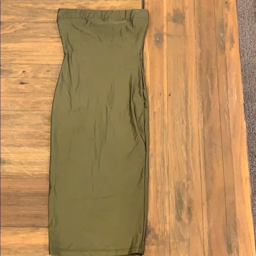Olive green body con strapless dress